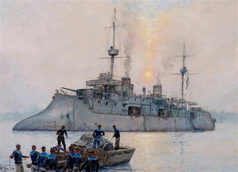 A French cruiser in harbor, preparing for deployment