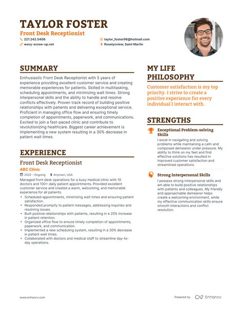 Front Desk Resume Example