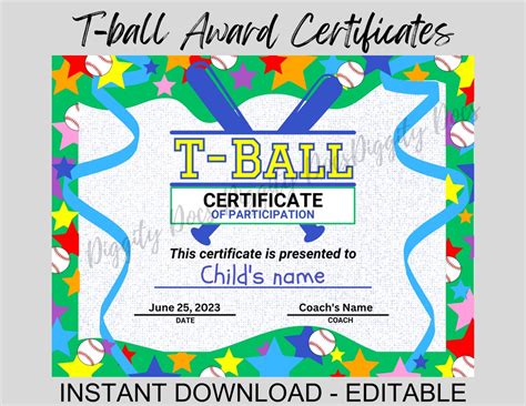 Fun and Colorful T-Ball Certificate