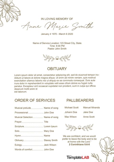 Example of a Traditional Funeral Program Template with Obituary