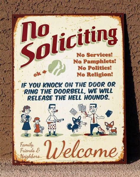 A funny no soliciting sign on a front door