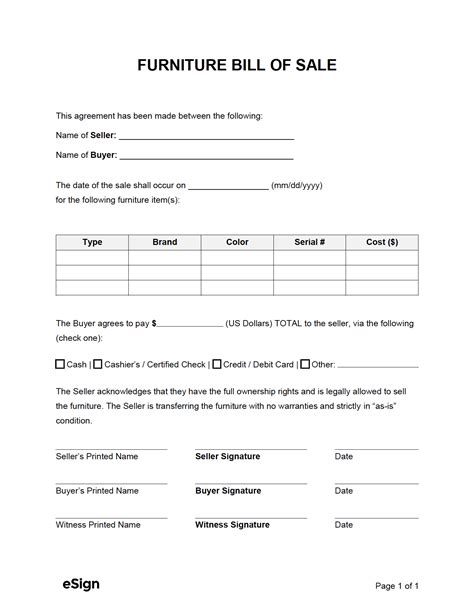 Furniture Bill of Sale Template