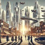 A futuristic cityscape with flying cars and robots