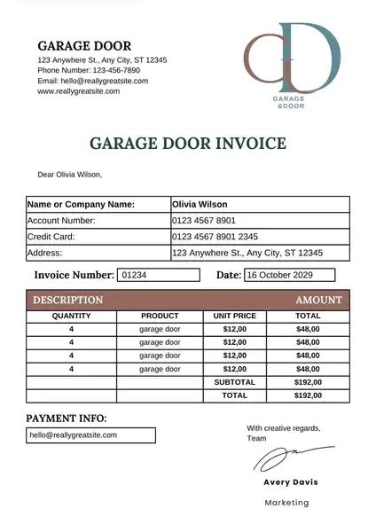 Sample garage door invoice template layout