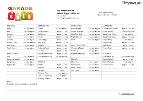 Garage Sale Price List Template