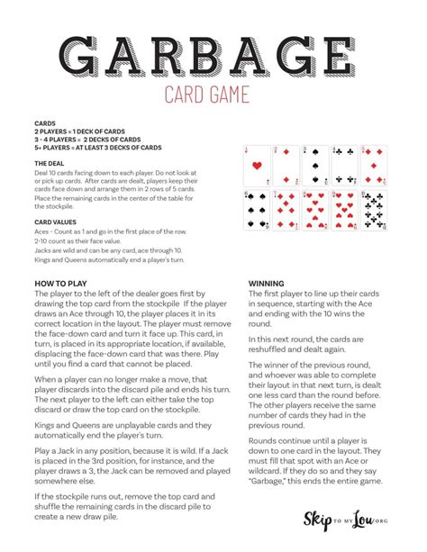 Garbage Card Game Printable Sheets