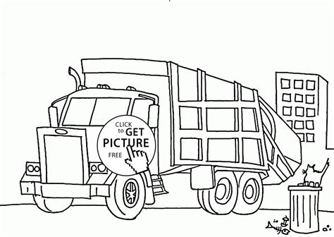 Garbage truck city coloring page with skyscrapers