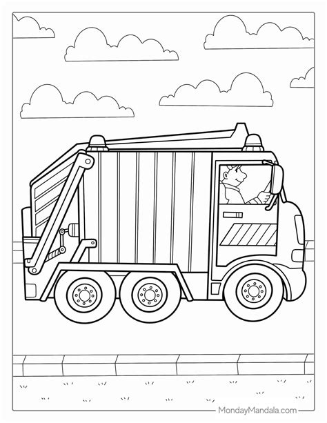 Garbage truck coloring page with action