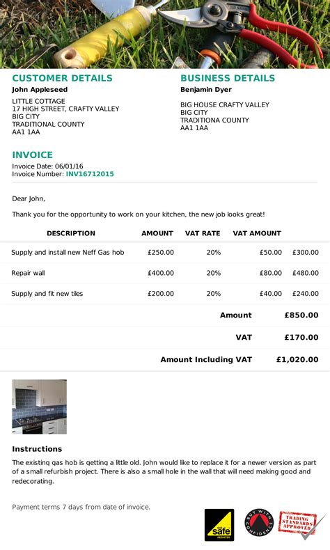 Example of a garden invoice template