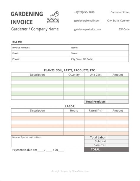 A sample gardening services invoice sample