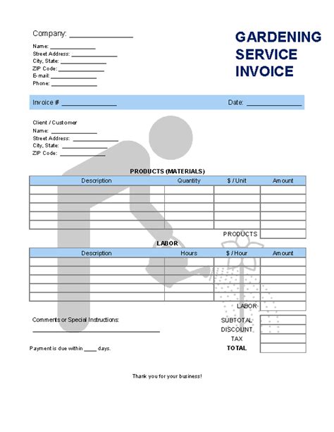 A sample gardening services invoice template