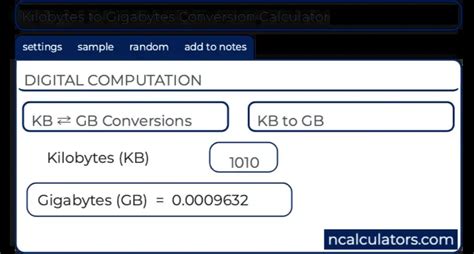 Gb to Kb conversion calculation