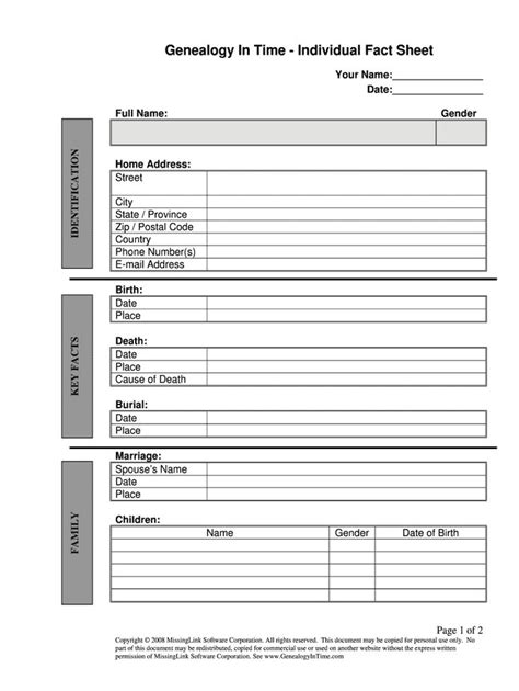 Genealogy Individual Summary Sheet