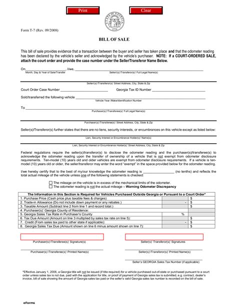 Georgia Auto Bill of Sale Form