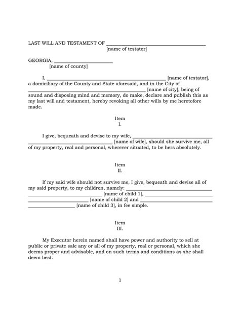 Georgia Last Will and Testament Sample Download