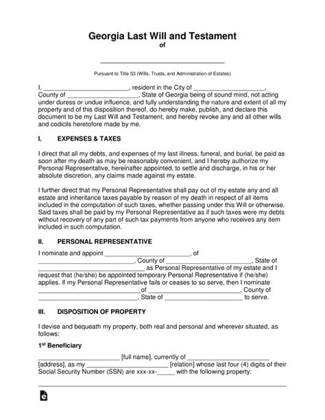 Georgia Last Will and Testament Template Fillable