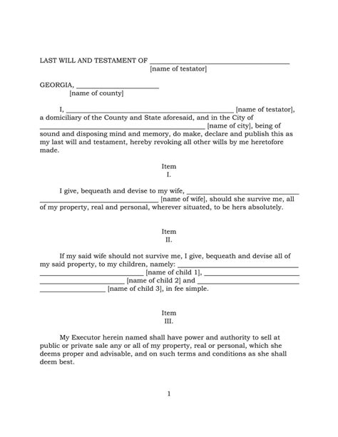 Georgia Last Will and Testament Template Free