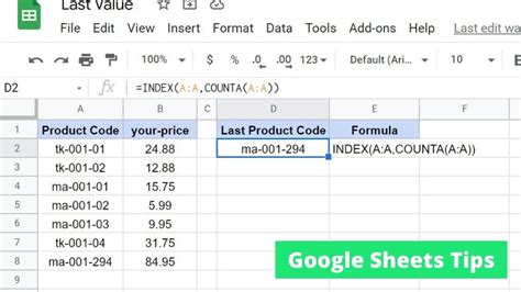 Get Last Value in Google Sheets Column using LOOKUP