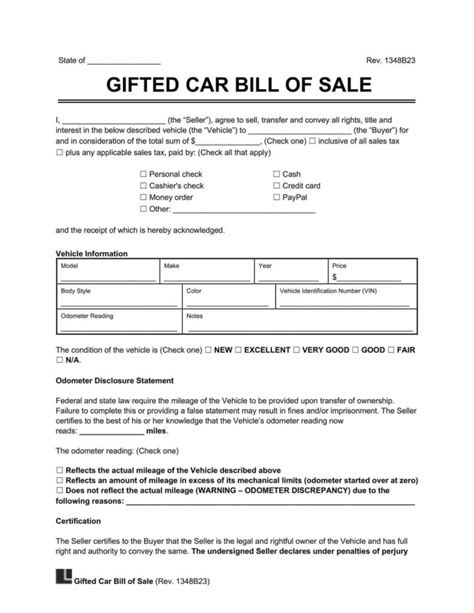 Gift Bill of Sale Form