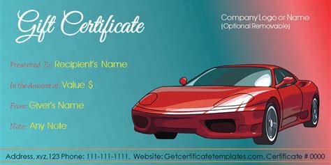 Gift Certificate Template for Car Enthusiasts