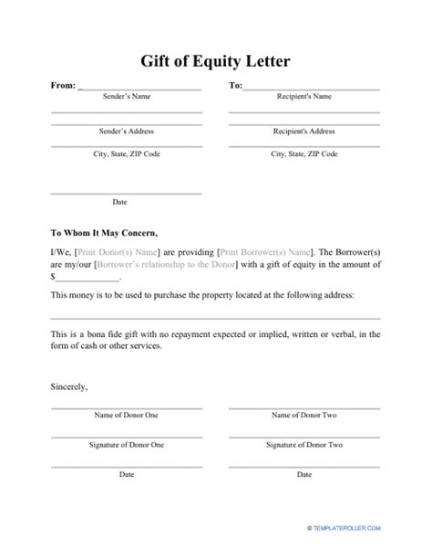 Sample Gift of Equity Letter