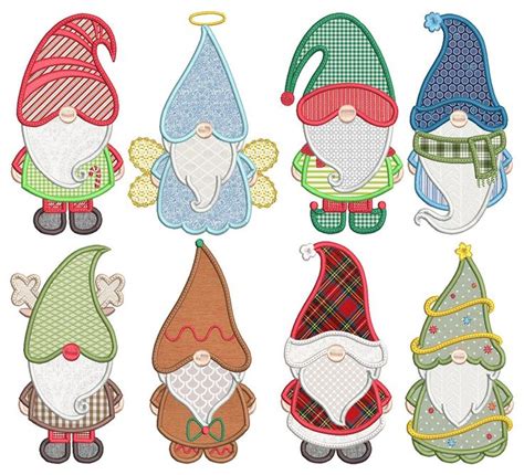 A collection of gnome applique patterns on a sewing machine