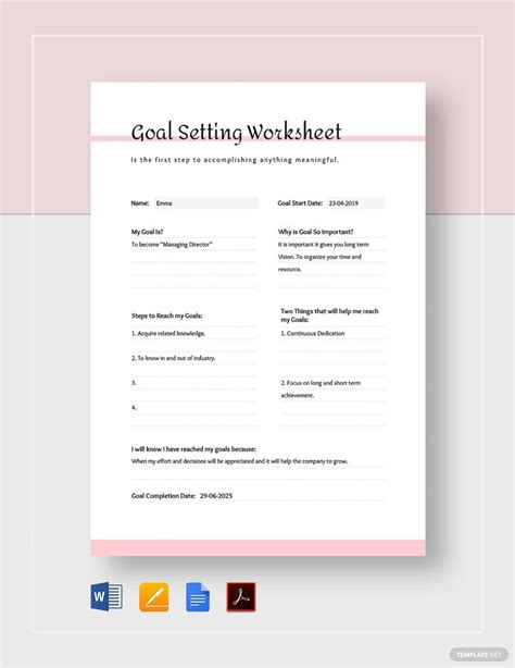 Goal Setting Worksheet in Google Docs