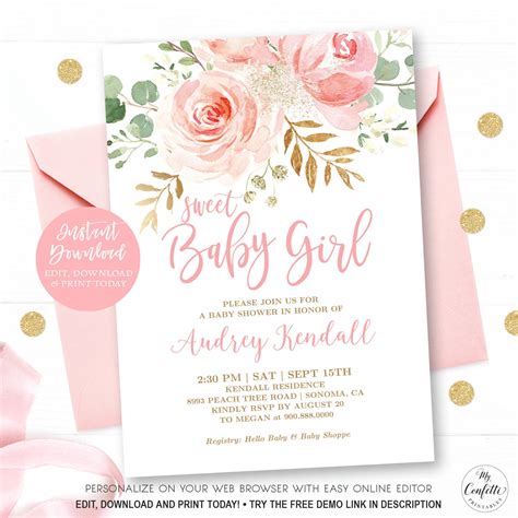 Gold and Pink Baby Shower Invitation Template