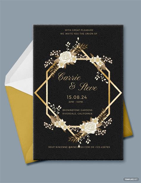 Gold wedding invitation template with gold and floral design