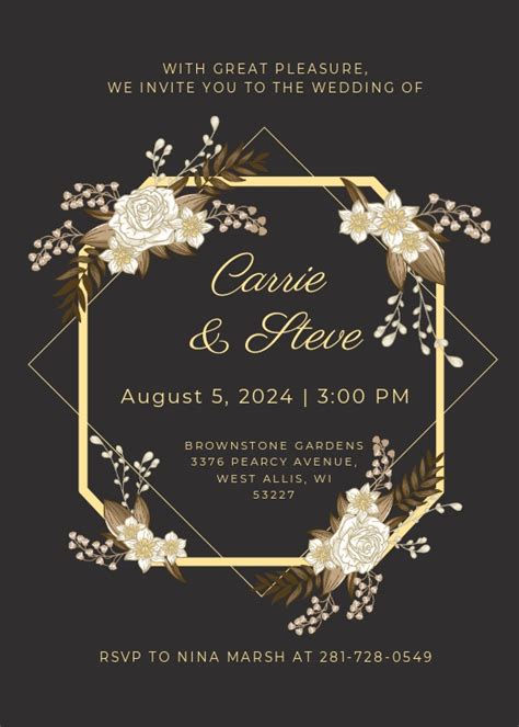 Gold wedding invitation template with gold and floral design