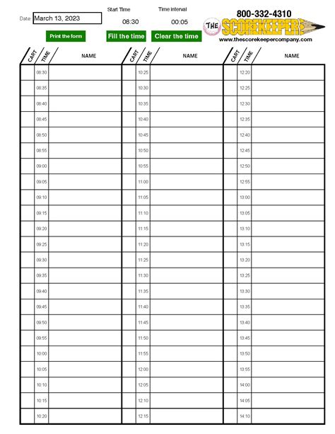 Golf Course Tee Sheet Excel Template