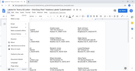 Google Docs address labels