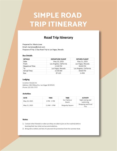 Google Docs road trip itinerary template