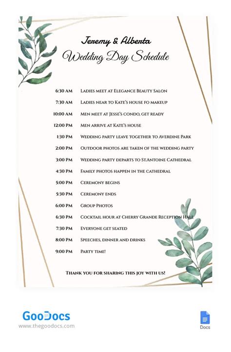 Google Docs Wedding Schedule Template