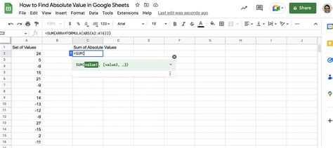 Google Sheets Absolute Value Function