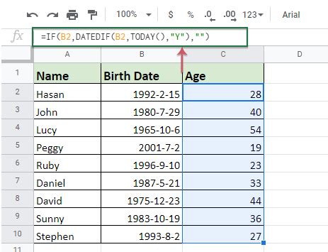 Google Sheets Age Formula Example