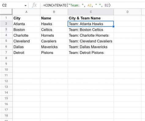 Google Sheets Concatenate with Space Example 1