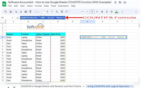 Google Sheets COUNTIFS function example 1