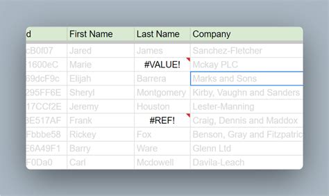 A screenshot of a Google Sheet showing error messages