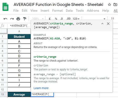 Google Sheets Formulas Average If