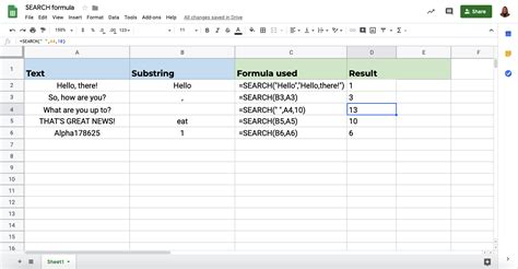 SEARCH Formula in Google Sheets