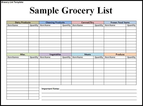 Example Google Sheets Grocery List Template