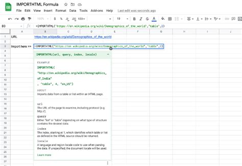 Google Sheets IMPORTHTML Function