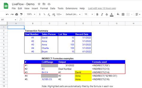 Google Sheets Indirect Function Example 1