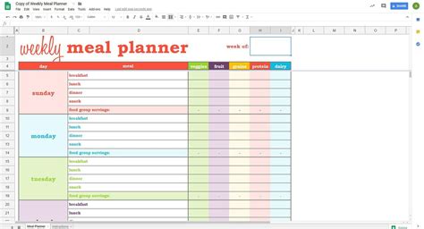 Google Sheets meal planning