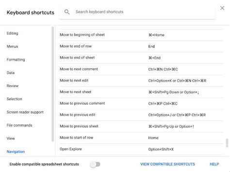 Google Sheets Navigation Shortcuts