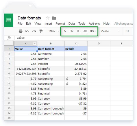 Google Sheets number formatting options