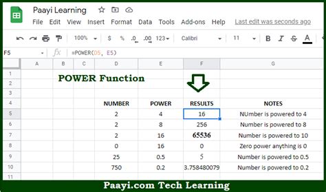 POWER function in Google Sheets