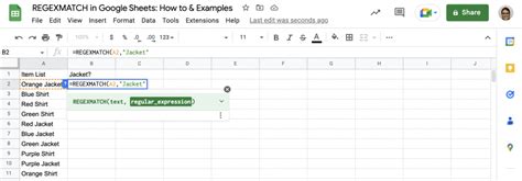 Using REGEXMATCH in Google Sheets