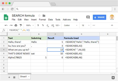 SEARCH function in Google Sheets